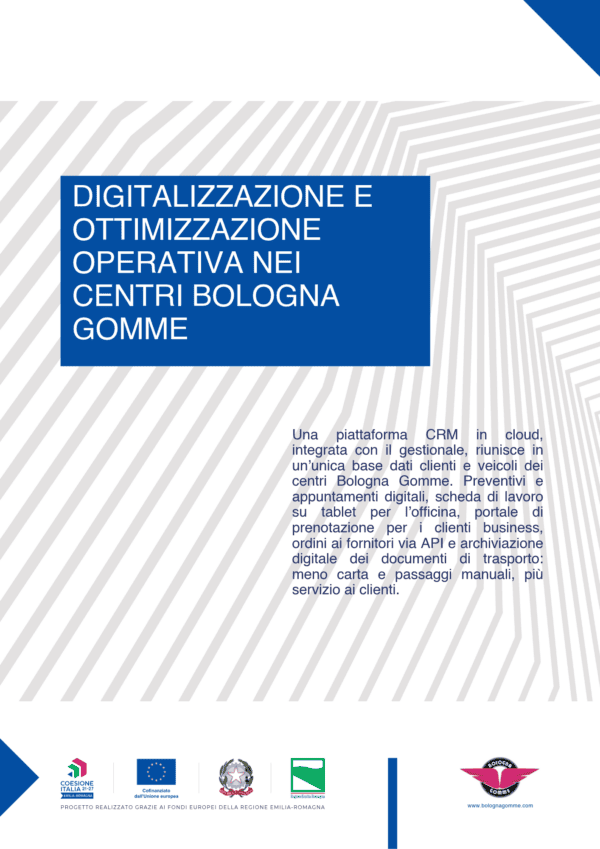 Poster del progetto di digitalizzazione dei centri Bologna Gomme finanziato dai Fondi europei della Regione Emilia-Romagna
